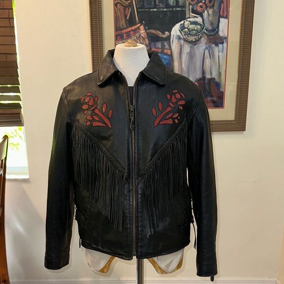 USA BIKERS DREAM APPAREL Black Leather Jacket with Red Floral Design Size Medium